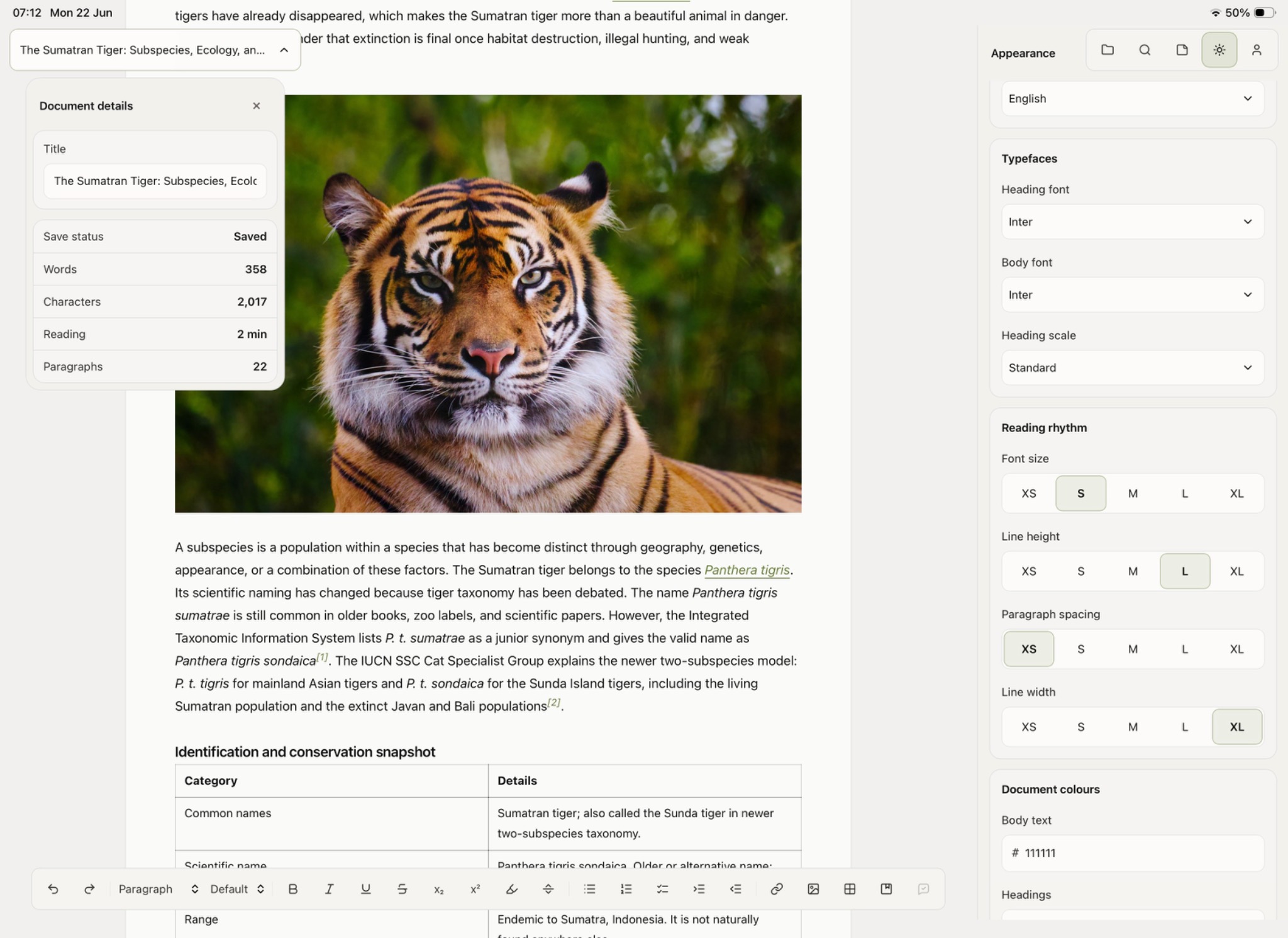 Tolstoy Compose editor showing a Sumatran Tiger document with document details and the Appearance panel open