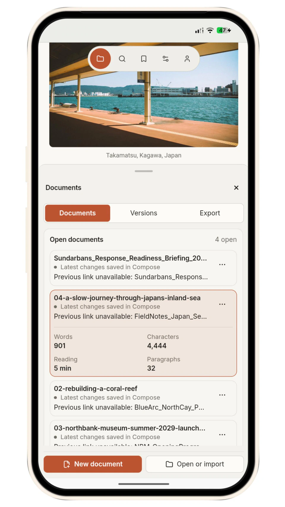 Tolstoy Compose on a phone with Documents open, showing open files, writing statistics, Versions and Export tabs.