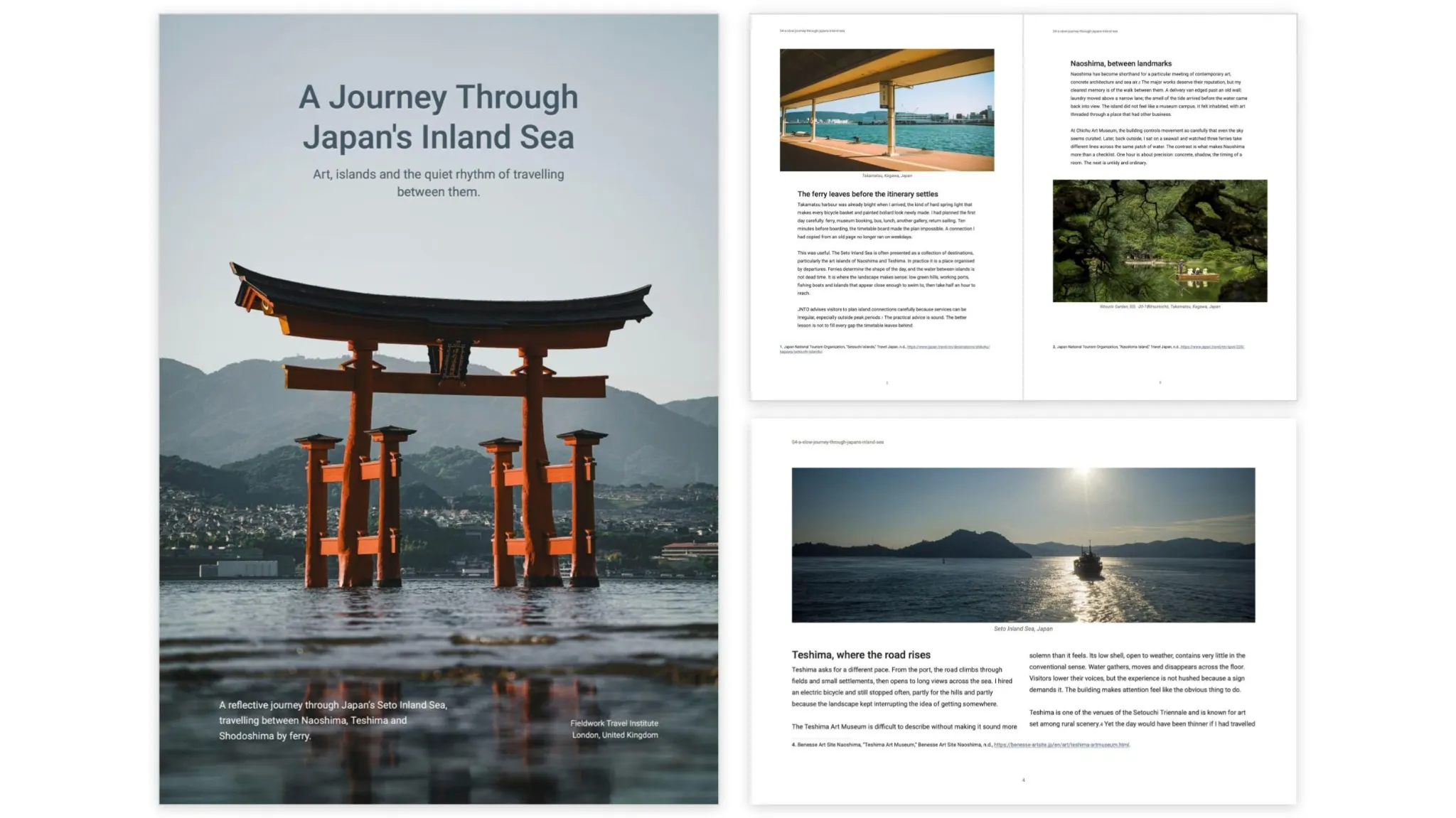 A PDF exported from Tolstoy Compose, showing a photo cover and three laid-out pages with headings, images, columns, page numbers and footnotes.