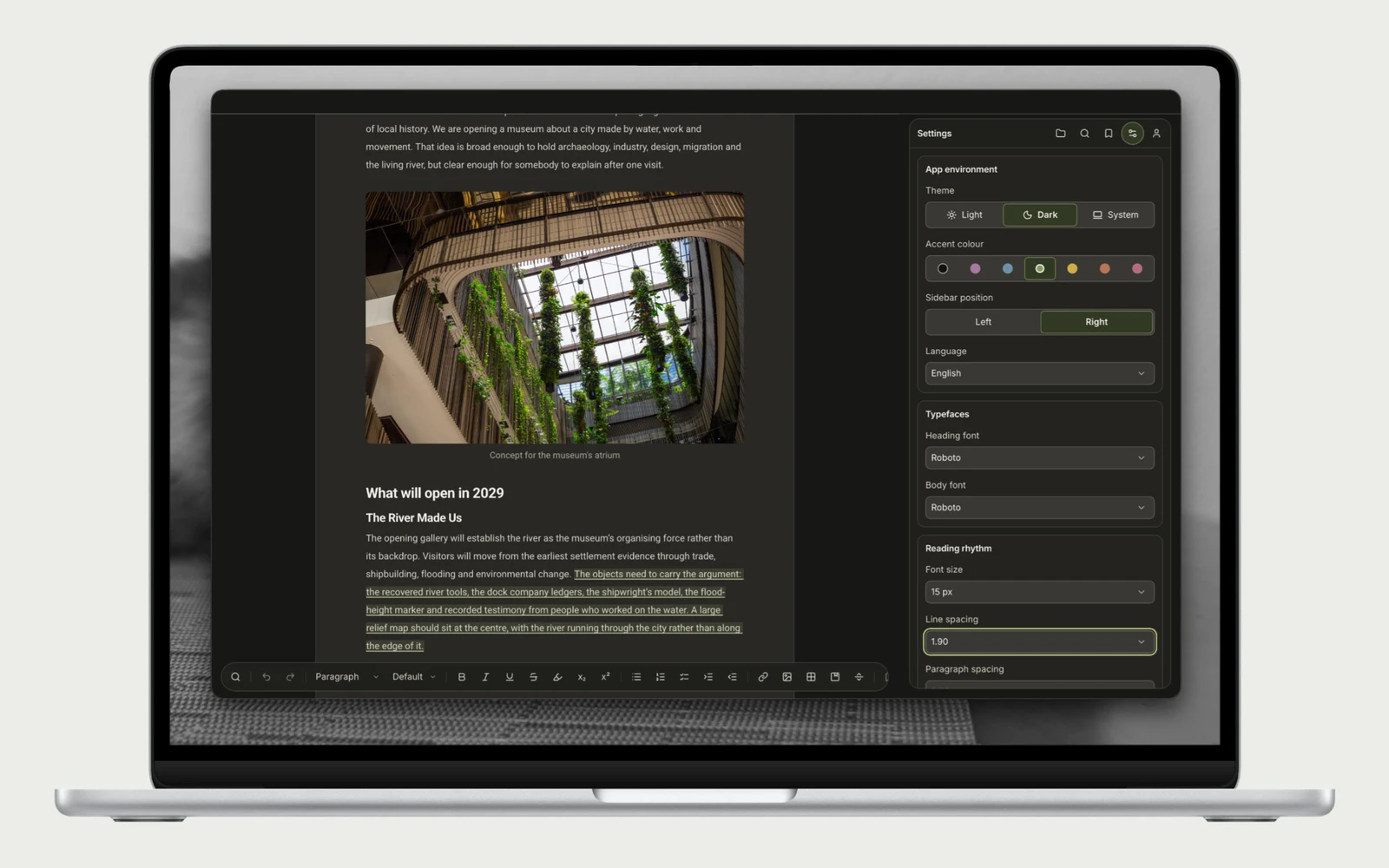Tolstoy Compose in dark mode on a laptop, with writing and the Settings panel open side by side.