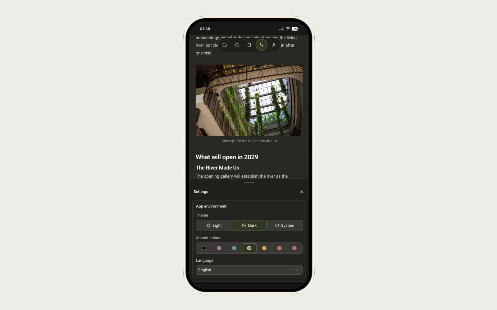 Tolstoy Compose in dark mode on a phone, with the Settings panel open over the writing.