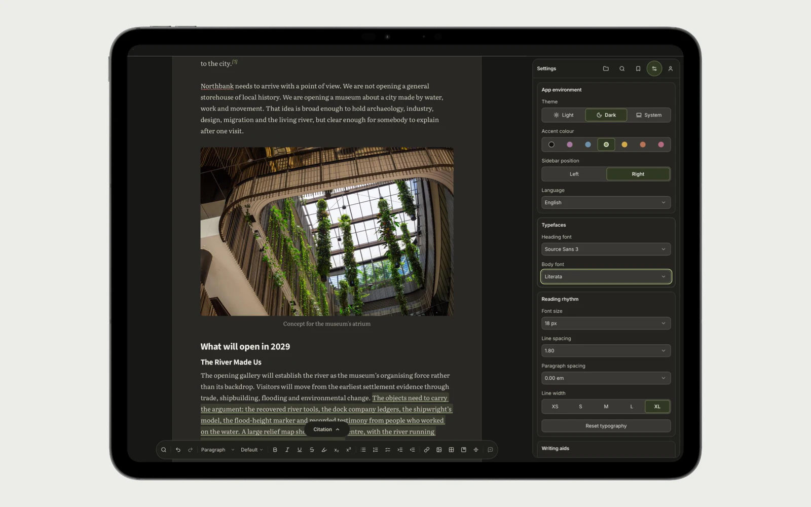 Tolstoy Compose in dark mode on a tablet, with writing and Settings for theme, typefaces and reading layout.